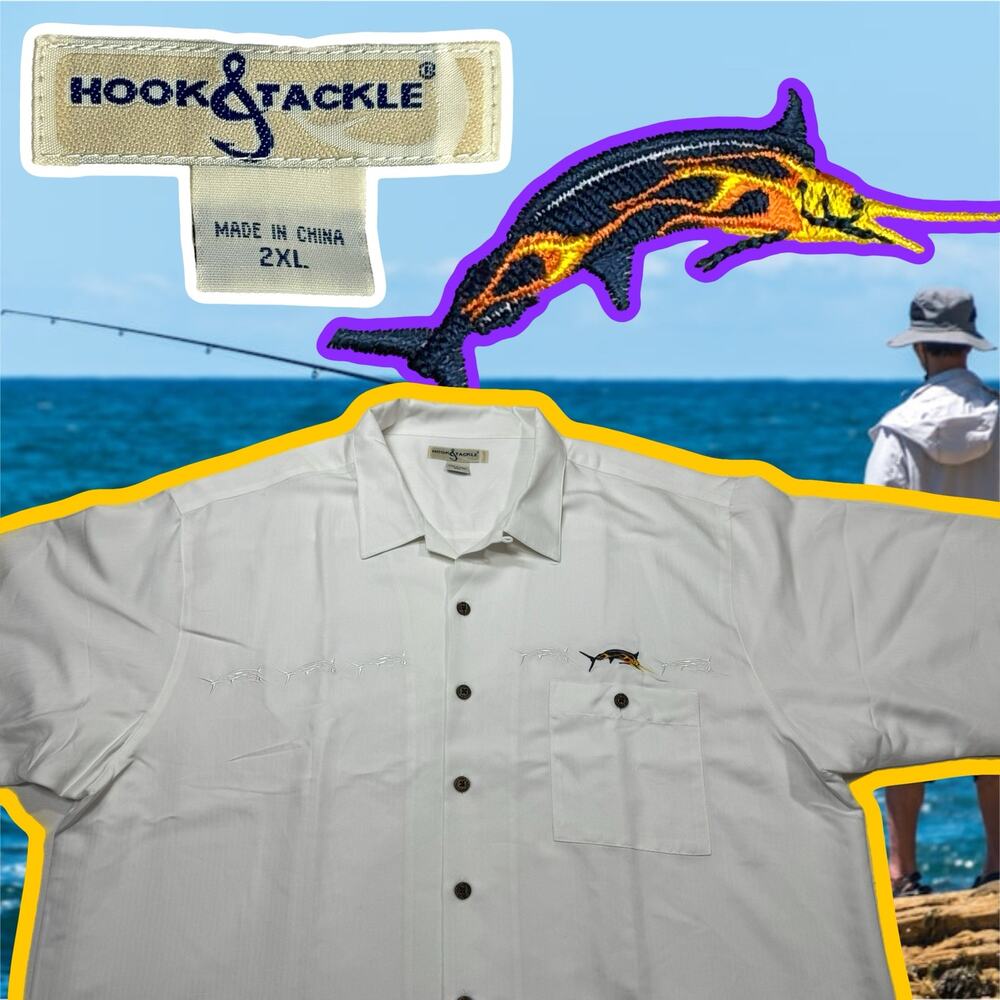 Hook & Tackle Men’s White Embroidered Marlin Fire Short-Sleeve Shirt Size 2XL